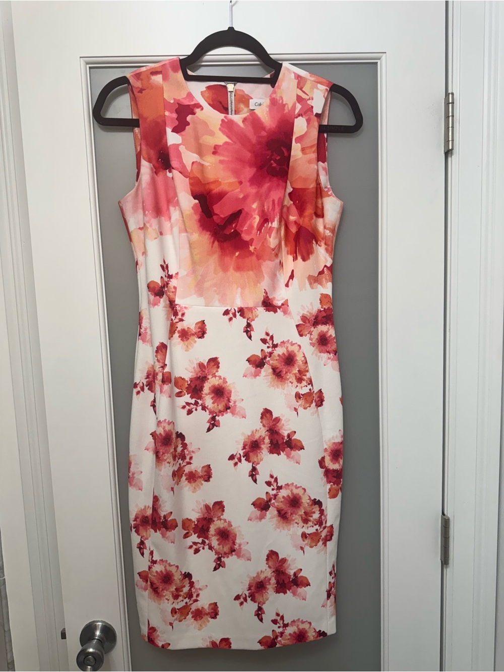 Calvin Klein White Sheath Dress with Coral-Pink Floral Print